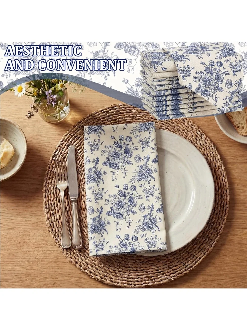 NEW Mindsoft Blue Floral Linen Napkins - Set of 12